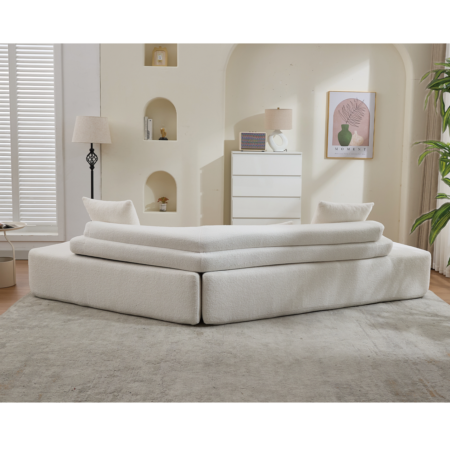 128"Minimalist Cloud Sectional Couch ,Modern Couches ,4-Seater ,No Assembly,Two modular sofa,Boucle Teddy  Fabric, upholstered , anti-wrinkle fabric, Beige