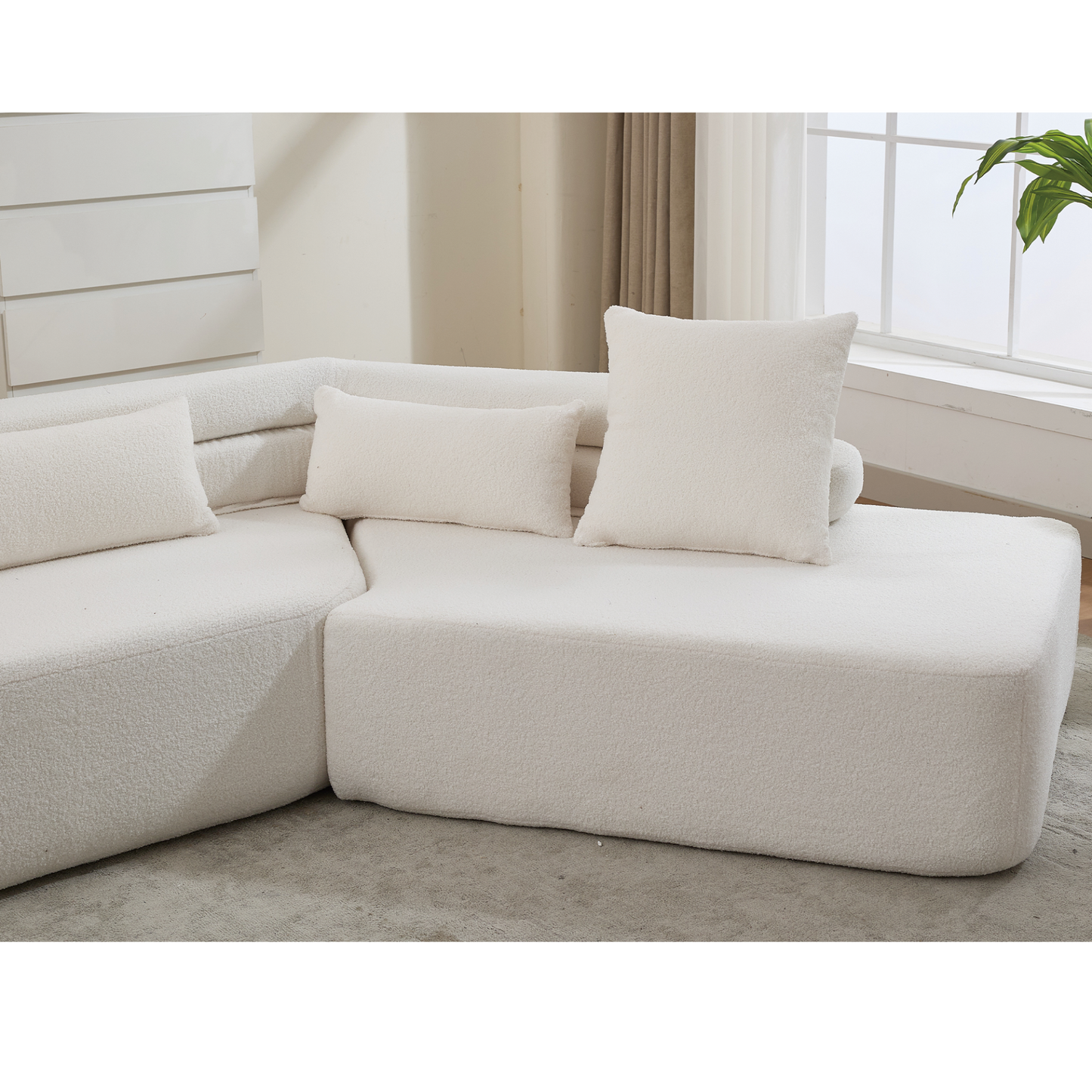 128"Minimalist Cloud Sectional Couch ,Modern Couches ,4-Seater ,No Assembly,Two modular sofa,Boucle Teddy  Fabric, upholstered , anti-wrinkle fabric, Beige