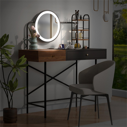 40" Makeup Vanity Desk with 3-Mode Lighted Mirror & Wireless Charging Station , Vanity Table with Drawer & 3 Open Shelves for Ample Storage Space, Dressing Table for Bedroom, Black