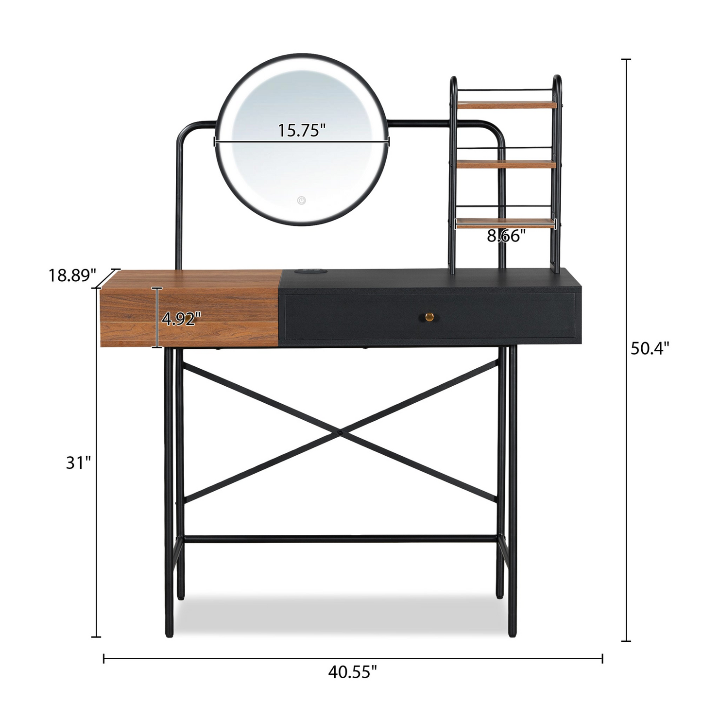 40" Makeup Vanity Desk with 3-Mode Lighted Mirror & Wireless Charging Station , Vanity Table with Drawer & 3 Open Shelves for Ample Storage Space, Dressing Table for Bedroom, Black