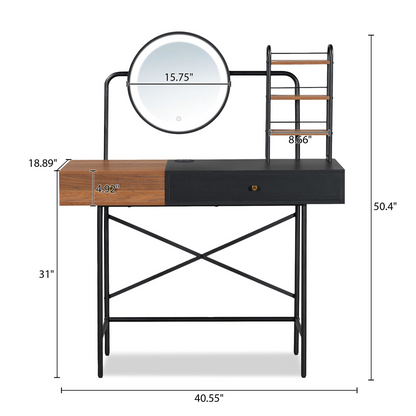 40" Makeup Vanity Desk with 3-Mode Lighted Mirror & Wireless Charging Station , Vanity Table with Drawer & 3 Open Shelves for Ample Storage Space, Dressing Table for Bedroom, Black
