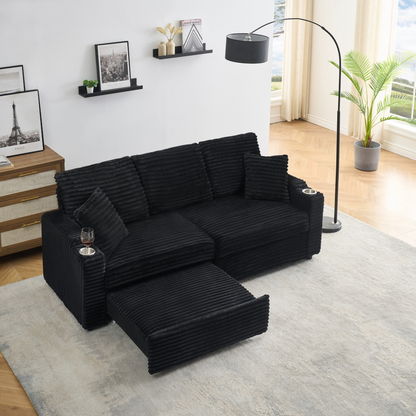 An 80-inch two-in-one pull-out, foldable and hidden chaise longue black corduroy sofa with cup holders and pillows, which is suitable for the living room.