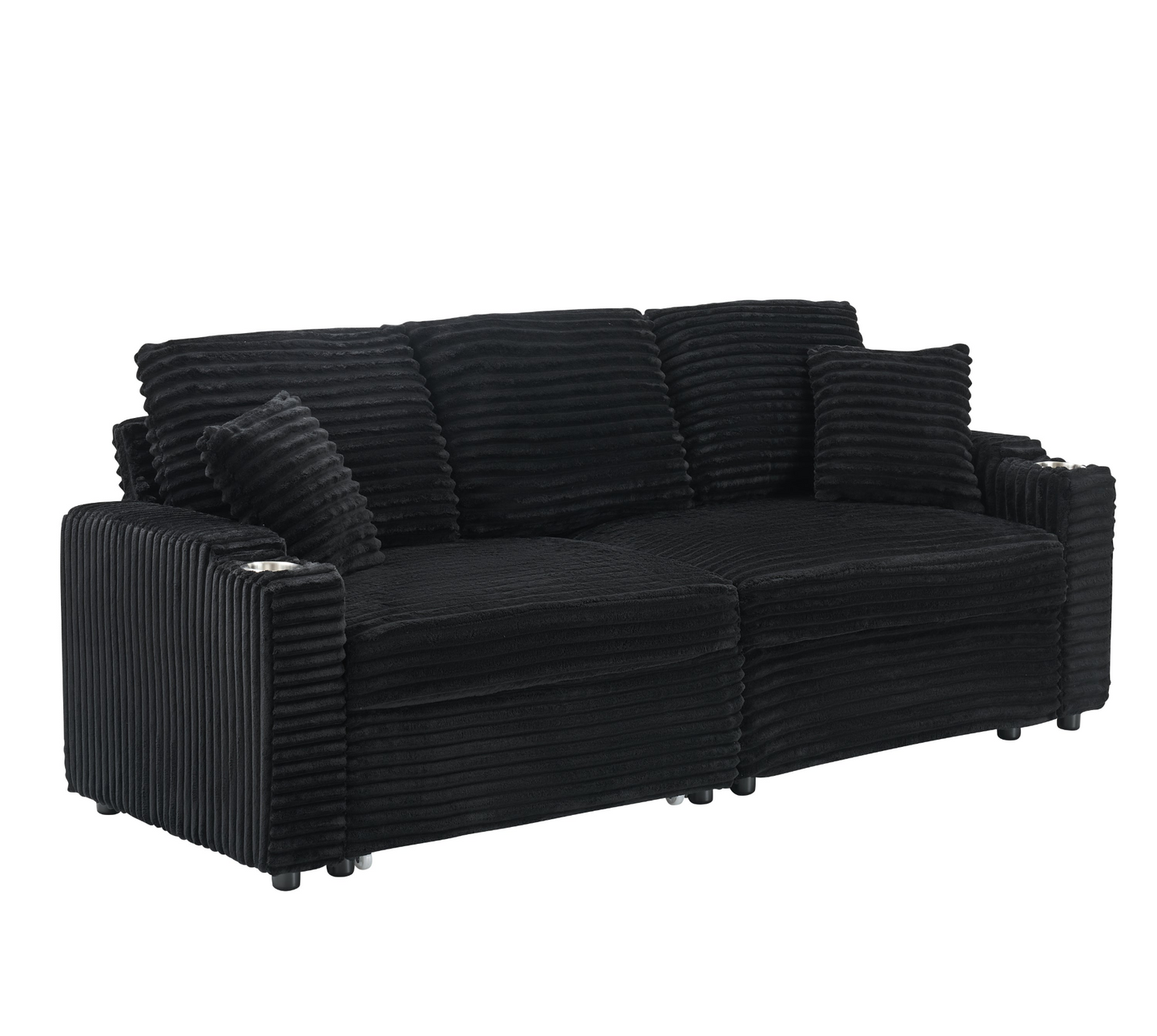 An 80-inch two-in-one pull-out, foldable and hidden chaise longue black corduroy sofa with cup holders and pillows, which is suitable for the living room.