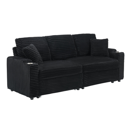 An 80-inch two-in-one pull-out, foldable and hidden chaise longue black corduroy sofa with cup holders and pillows, which is suitable for the living room.