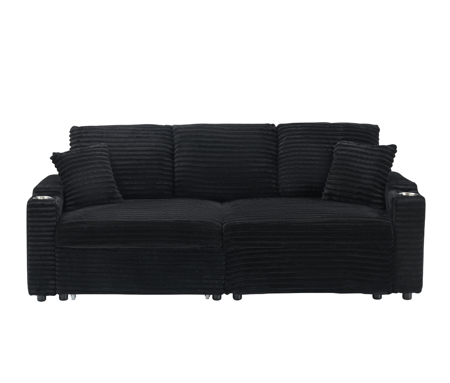 An 80-inch two-in-one pull-out, foldable and hidden chaise longue black corduroy sofa with cup holders and pillows, which is suitable for the living room.