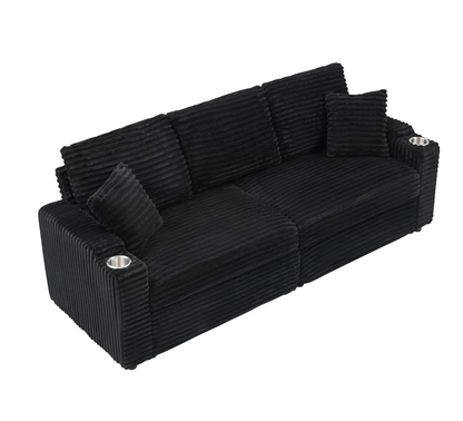 An 80-inch two-in-one pull-out, foldable and hidden chaise longue black corduroy sofa with cup holders and pillows, which is suitable for the living room.
