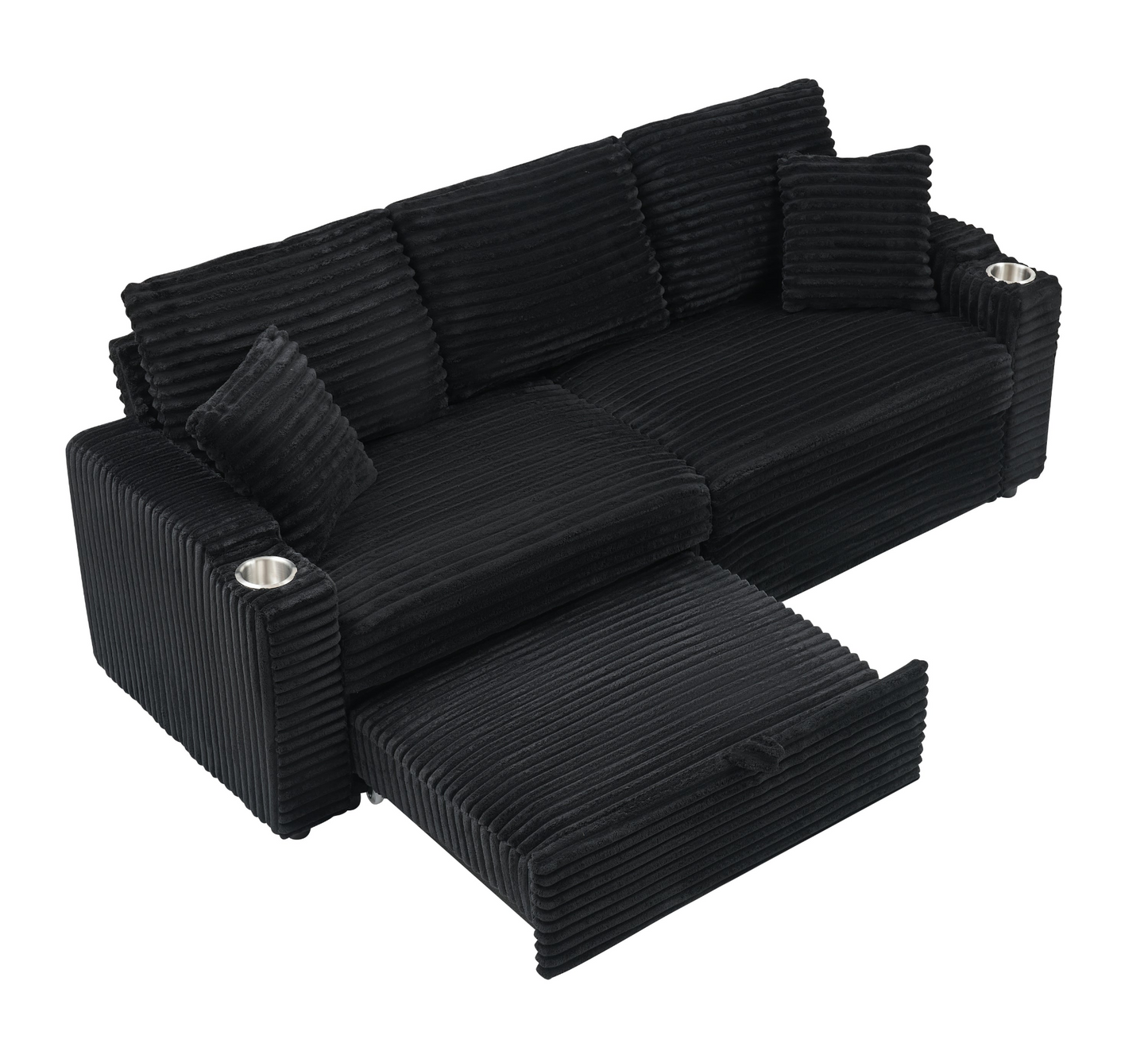 An 80-inch two-in-one pull-out, foldable and hidden chaise longue black corduroy sofa with cup holders and pillows, which is suitable for the living room.