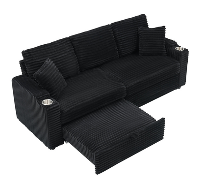 An 80-inch two-in-one pull-out, foldable and hidden chaise longue black corduroy sofa with cup holders and pillows, which is suitable for the living room.