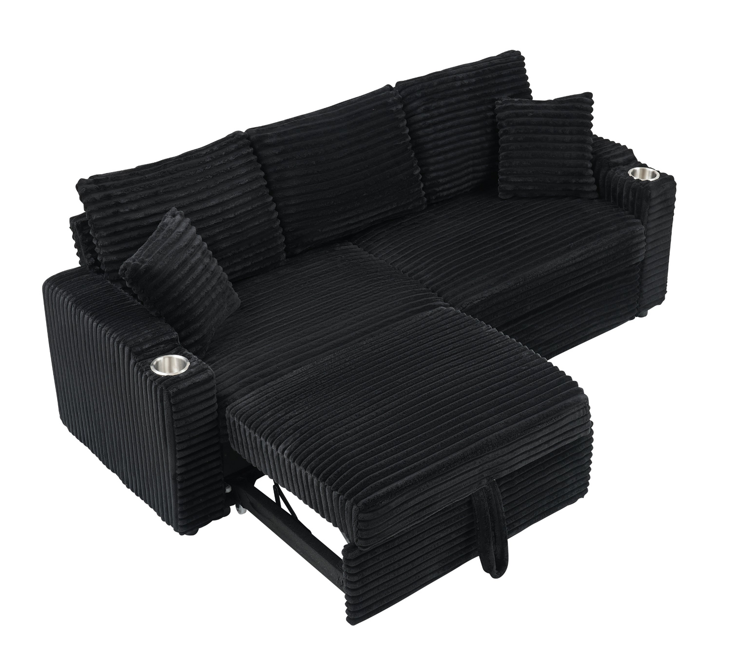 An 80-inch two-in-one pull-out, foldable and hidden chaise longue black corduroy sofa with cup holders and pillows, which is suitable for the living room.