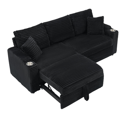 An 80-inch two-in-one pull-out, foldable and hidden chaise longue black corduroy sofa with cup holders and pillows, which is suitable for the living room.