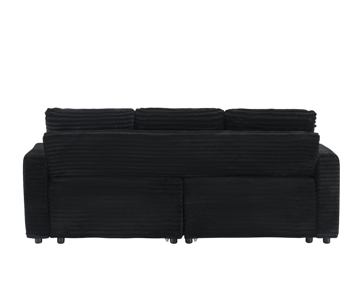 An 80-inch two-in-one pull-out, foldable and hidden chaise longue black corduroy sofa with cup holders and pillows, which is suitable for the living room.