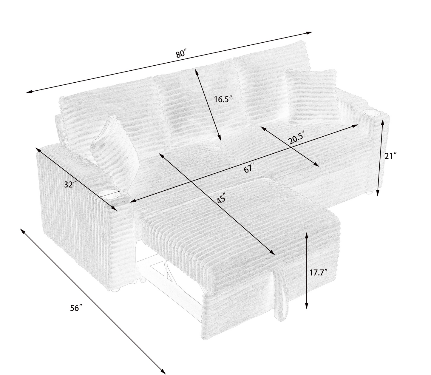 An 80-inch two-in-one pull-out, foldable and hidden chaise longue black corduroy sofa with cup holders and pillows, which is suitable for the living room.