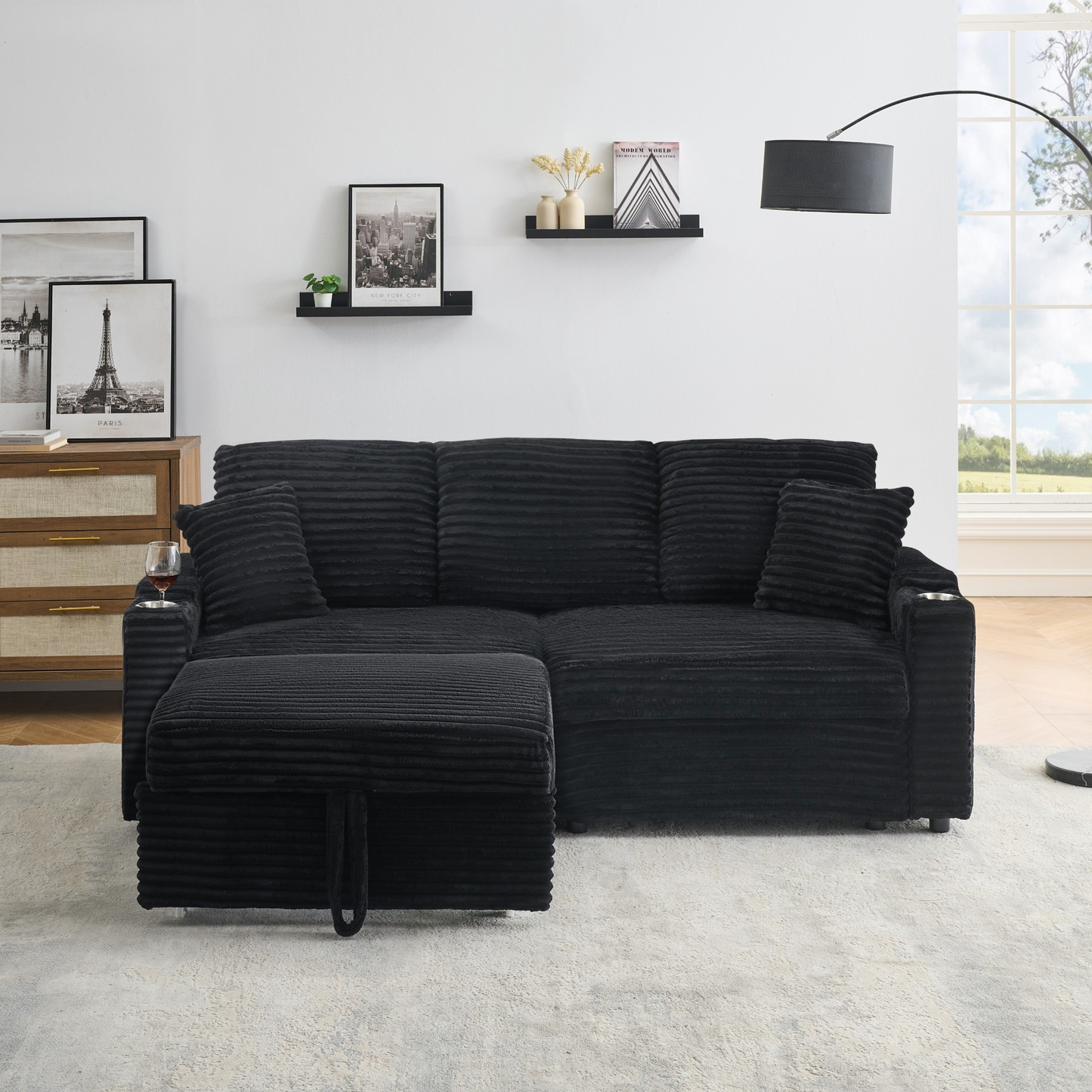 An 80-inch foldable and hidden chaise longue with cup holders, a footrest, storage function and the ability to be used as a bed, black corduroy sofa, which is suitable for the bedroom and living room.