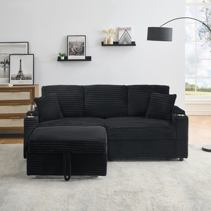An 80-inch foldable and hidden chaise longue with cup holders, a footrest, storage function and the ability to be used as a bed, black corduroy sofa, which is suitable for the bedroom and living room.