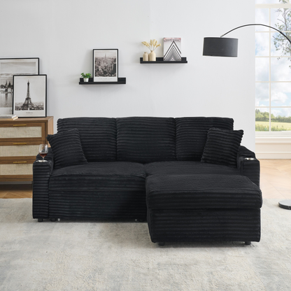 An 80-inch foldable and hidden chaise longue with cup holders, a footrest, storage function and the ability to be used as a bed, black corduroy sofa, which is suitable for the bedroom and living room.