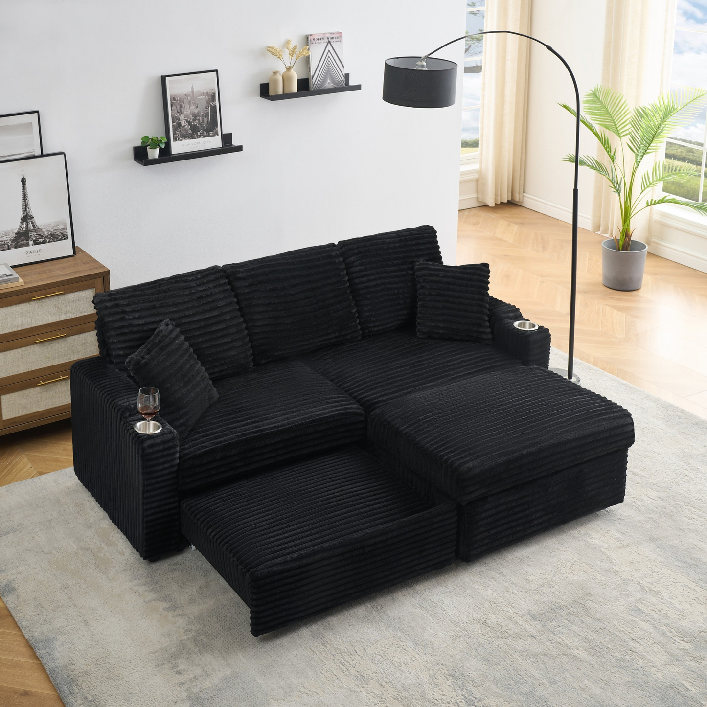 An 80-inch foldable and hidden chaise longue with cup holders, a footrest, storage function and the ability to be used as a bed, black corduroy sofa, which is suitable for the bedroom and living room.