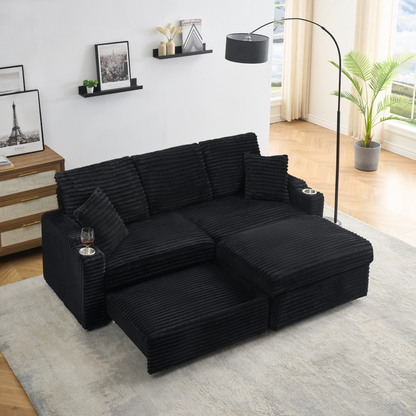 An 80-inch foldable and hidden chaise longue with cup holders, a footrest, storage function and the ability to be used as a bed, black corduroy sofa, which is suitable for the bedroom and living room.
