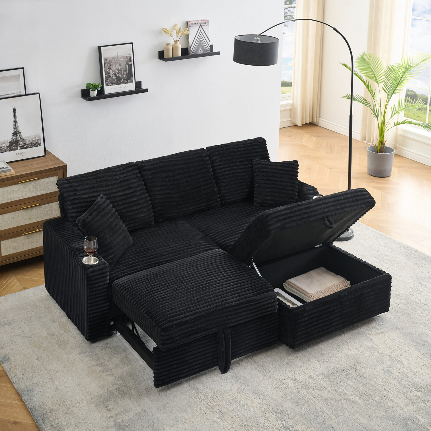 An 80-inch foldable and hidden chaise longue with cup holders, a footrest, storage function and the ability to be used as a bed, black corduroy sofa, which is suitable for the bedroom and living room.