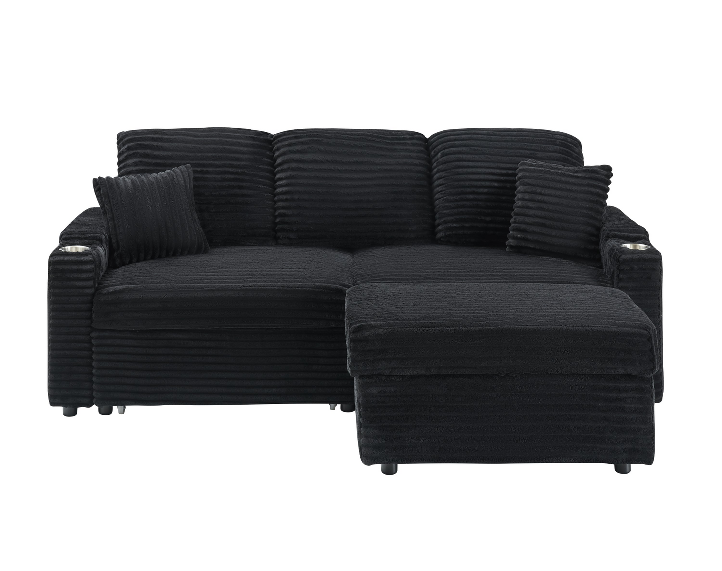 An 80-inch foldable and hidden chaise longue with cup holders, a footrest, storage function and the ability to be used as a bed, black corduroy sofa, which is suitable for the bedroom and living room.