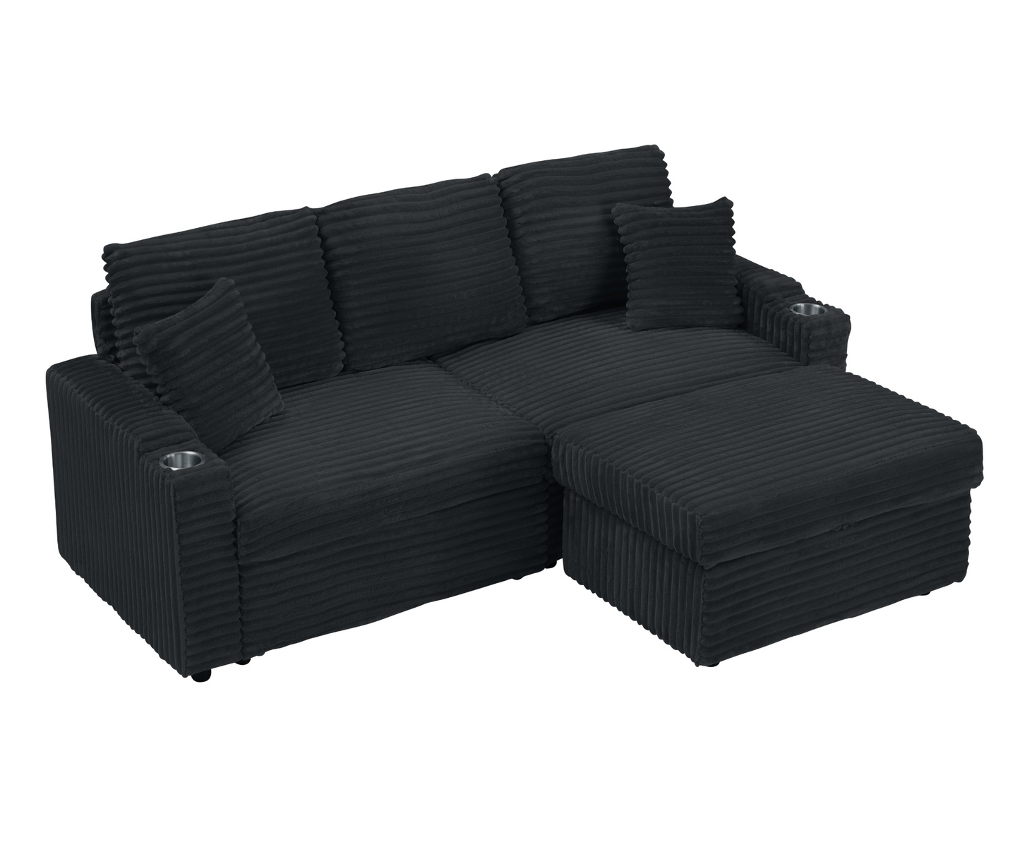 An 80-inch foldable and hidden chaise longue with cup holders, a footrest, storage function and the ability to be used as a bed, black corduroy sofa, which is suitable for the bedroom and living room.