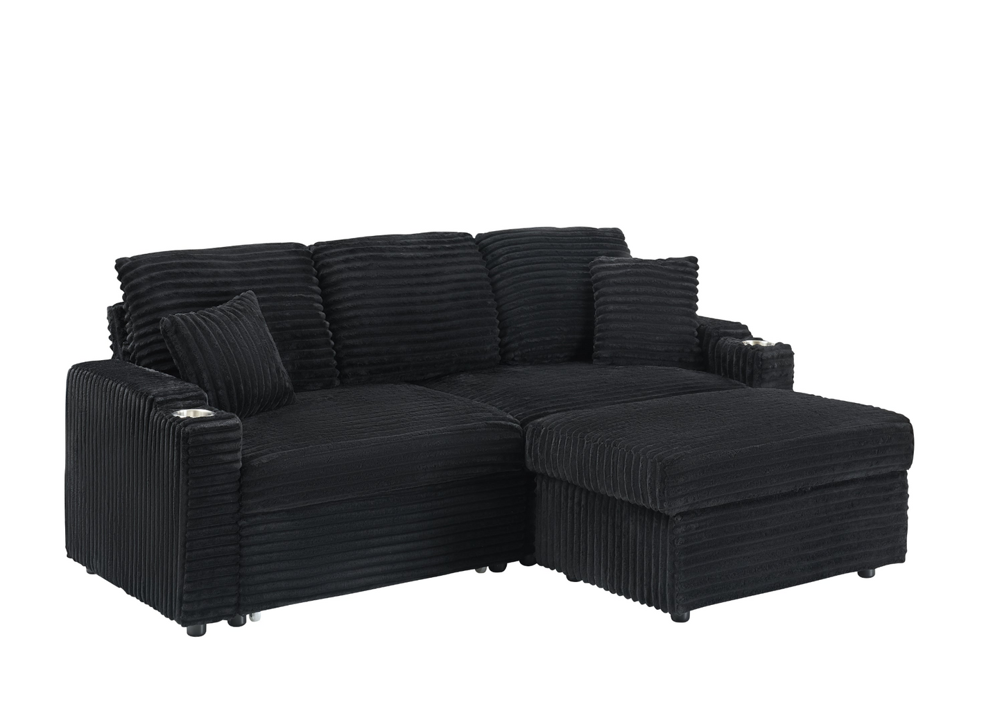 An 80-inch foldable and hidden chaise longue with cup holders, a footrest, storage function and the ability to be used as a bed, black corduroy sofa, which is suitable for the bedroom and living room.