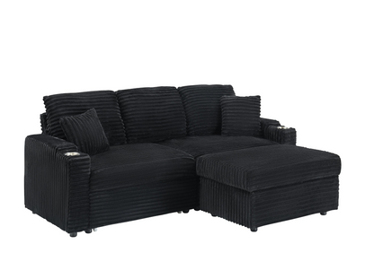 An 80-inch foldable and hidden chaise longue with cup holders, a footrest, storage function and the ability to be used as a bed, black corduroy sofa, which is suitable for the bedroom and living room.