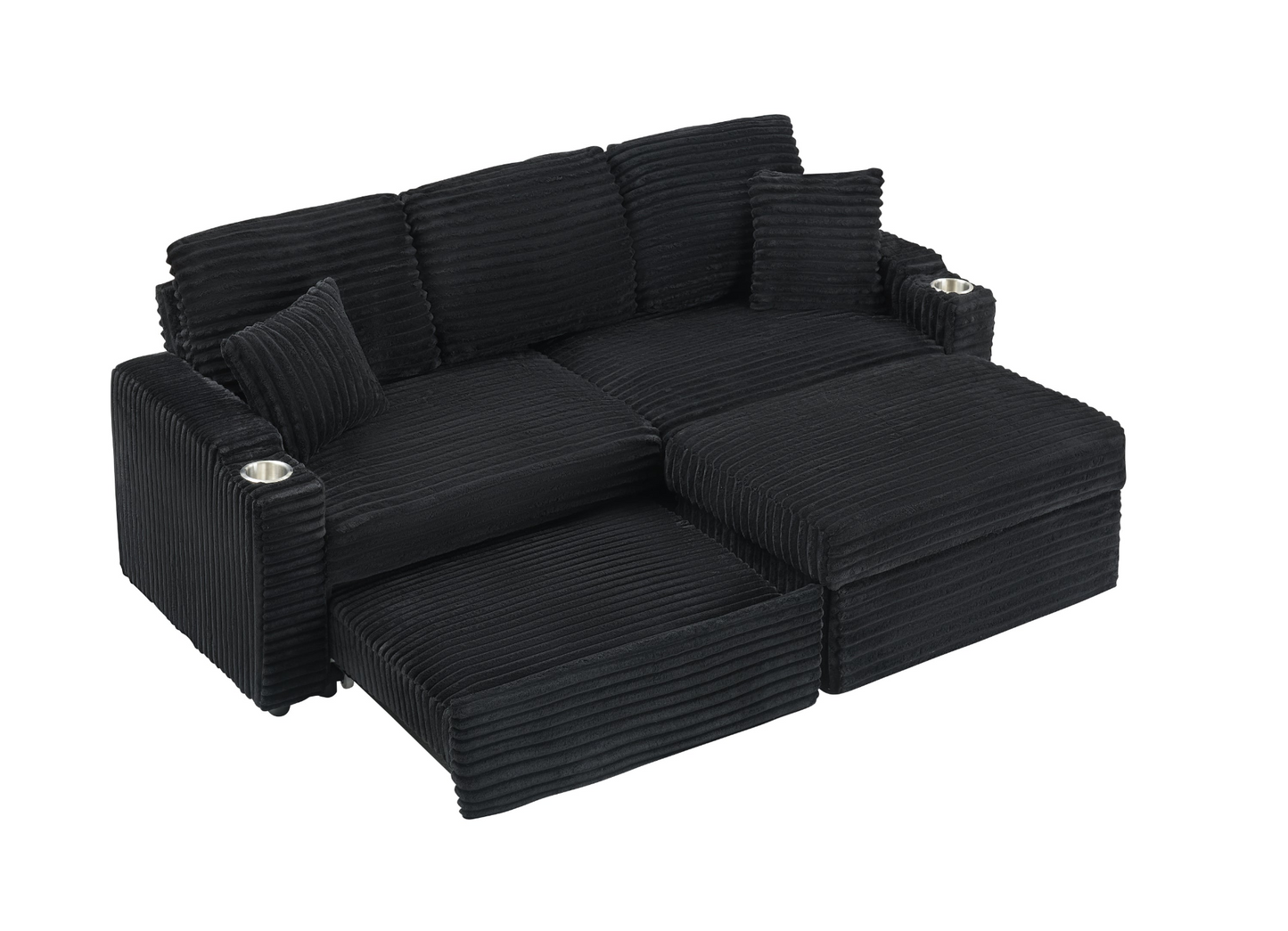An 80-inch foldable and hidden chaise longue with cup holders, a footrest, storage function and the ability to be used as a bed, black corduroy sofa, which is suitable for the bedroom and living room.