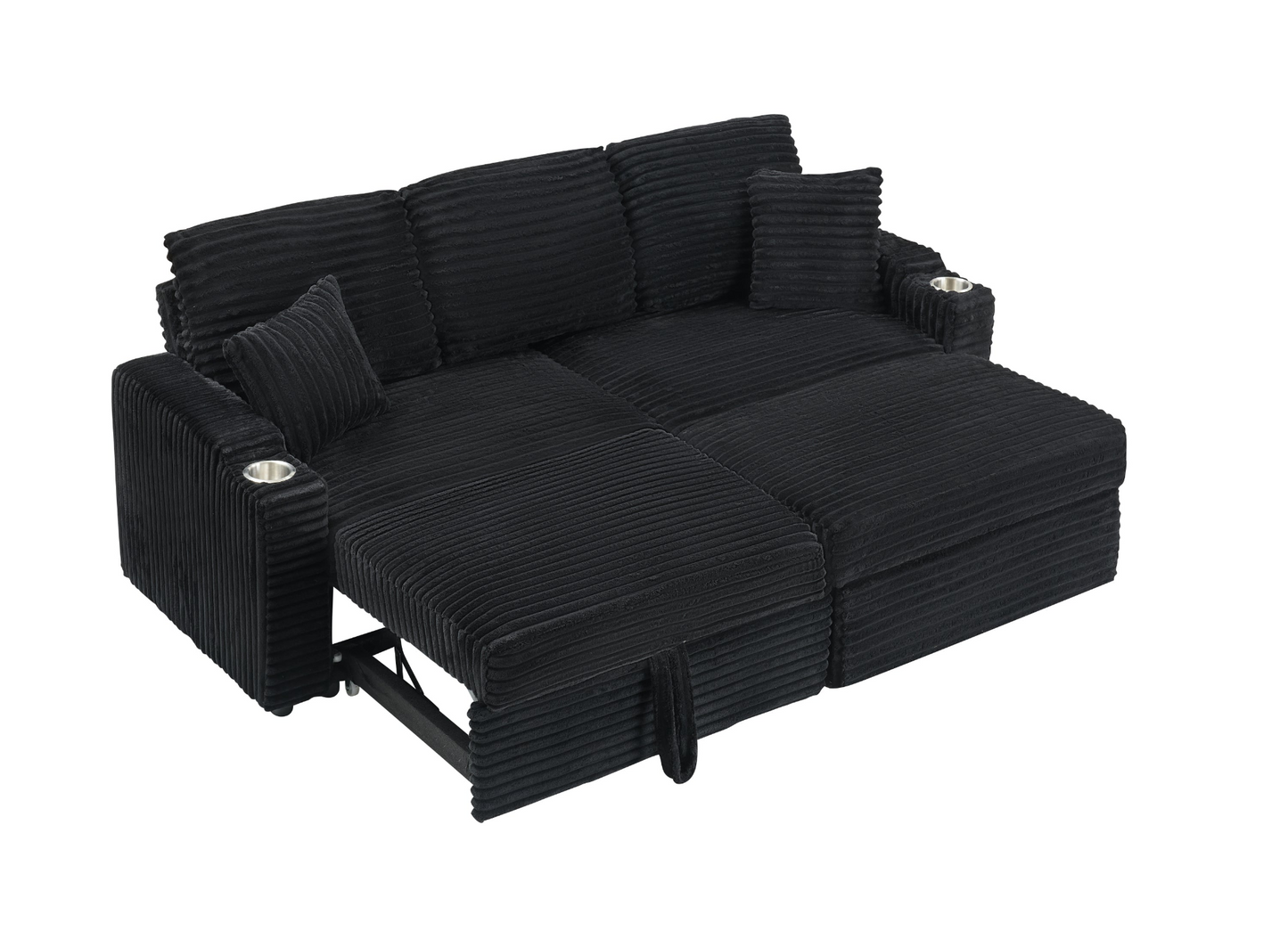 An 80-inch foldable and hidden chaise longue with cup holders, a footrest, storage function and the ability to be used as a bed, black corduroy sofa, which is suitable for the bedroom and living room.