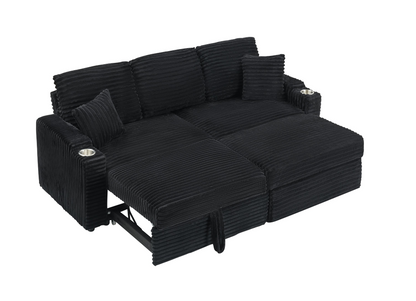 An 80-inch foldable and hidden chaise longue with cup holders, a footrest, storage function and the ability to be used as a bed, black corduroy sofa, which is suitable for the bedroom and living room.