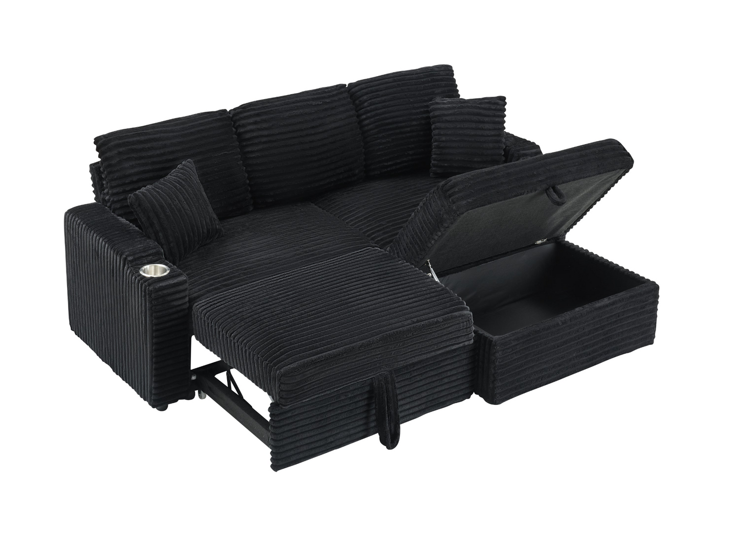 An 80-inch foldable and hidden chaise longue with cup holders, a footrest, storage function and the ability to be used as a bed, black corduroy sofa, which is suitable for the bedroom and living room.