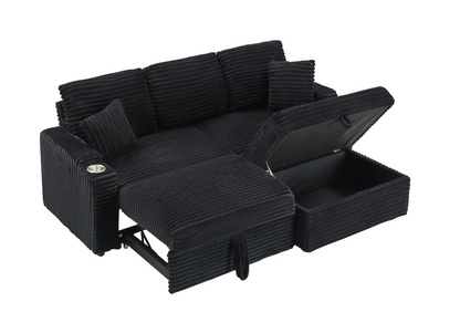 An 80-inch foldable and hidden chaise longue with cup holders, a footrest, storage function and the ability to be used as a bed, black corduroy sofa, which is suitable for the bedroom and living room.