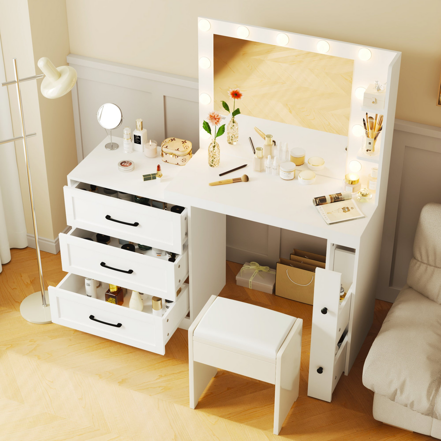 55.2" Vanity Desk with Freely Adjustable Side Cabinet, Makeup Vanity with Hollywood Lights, 5 Storage Drawers & 2-shelves, Modern Dressing Table, White