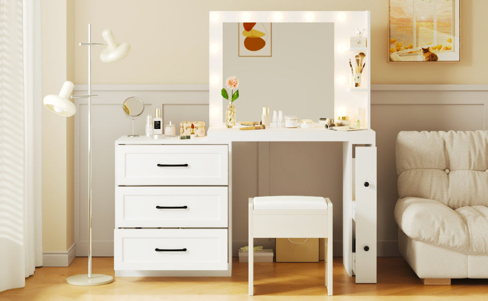 55.2" Vanity Desk with Freely Adjustable Side Cabinet, Makeup Vanity with Hollywood Lights, 5 Storage Drawers & 2-shelves, Modern Dressing Table, White