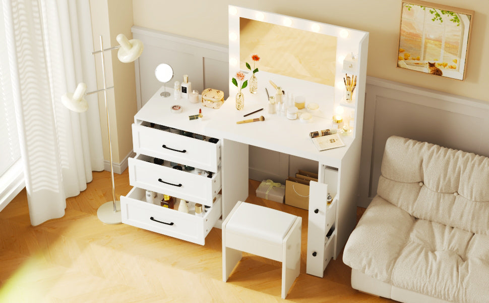 55.2" Vanity Desk with Freely Adjustable Side Cabinet, Makeup Vanity with Hollywood Lights, 5 Storage Drawers & 2-shelves, Modern Dressing Table, White