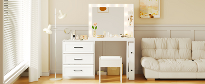55.2" Vanity Desk with Freely Adjustable Side Cabinet, Makeup Vanity with Hollywood Lights, 5 Storage Drawers & 2-shelves, Modern Dressing Table, White