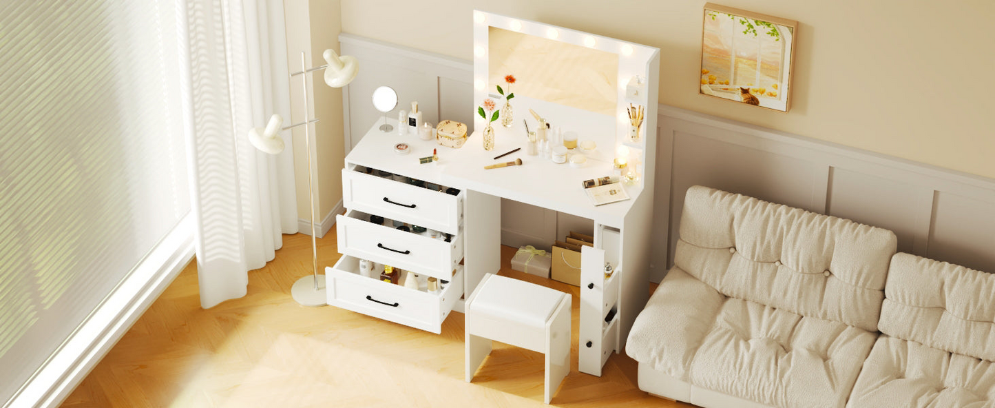 55.2" Vanity Desk with Freely Adjustable Side Cabinet, Makeup Vanity with Hollywood Lights, 5 Storage Drawers & 2-shelves, Modern Dressing Table, White