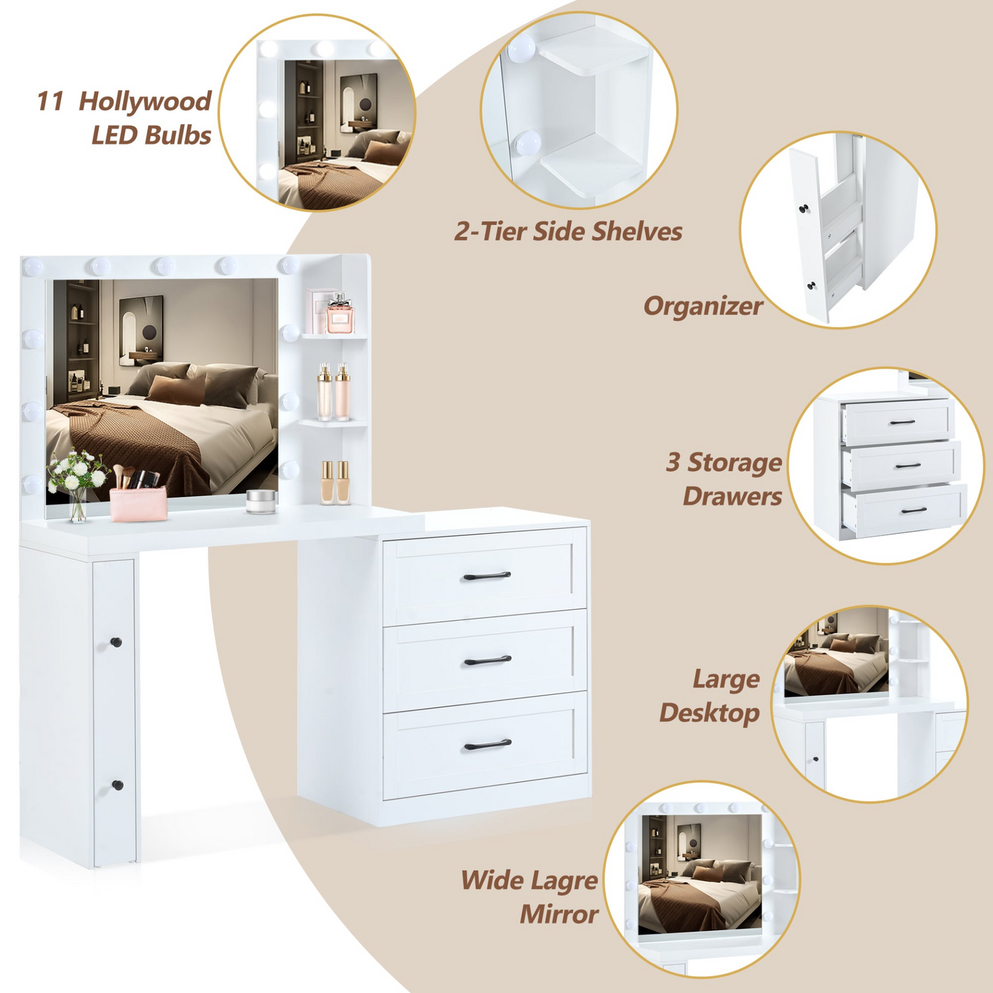 55.2" Vanity Desk with Freely Adjustable Side Cabinet, Makeup Vanity with Hollywood Lights, 5 Storage Drawers & 2-shelves, Modern Dressing Table, White