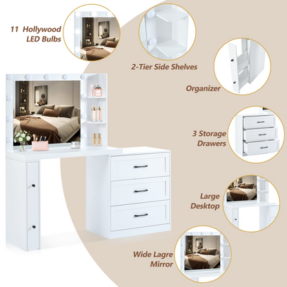 55.2" Vanity Desk with Freely Adjustable Side Cabinet, Makeup Vanity with Hollywood Lights, 5 Storage Drawers & 2-shelves, Modern Dressing Table, White
