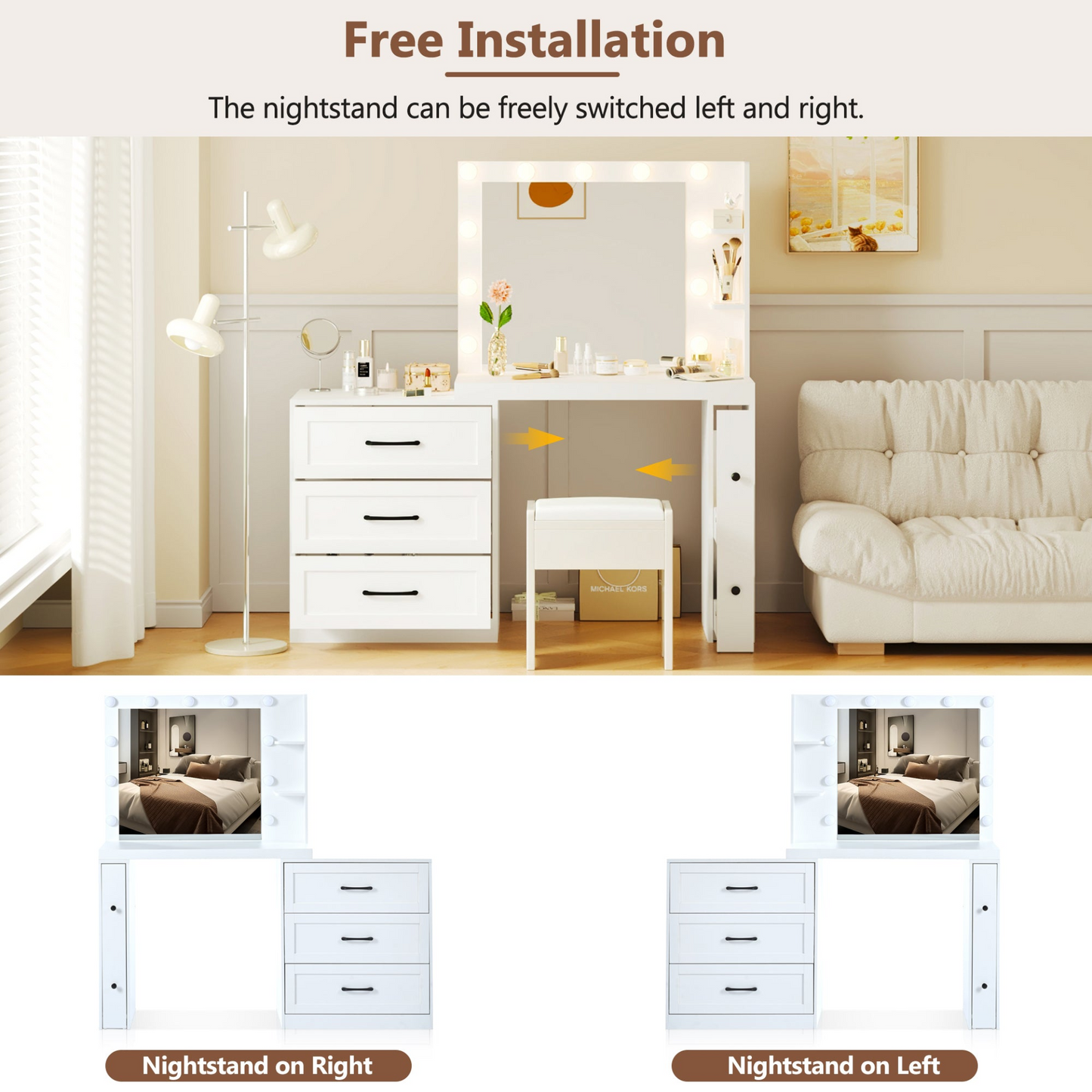 55.2" Vanity Desk with Freely Adjustable Side Cabinet, Makeup Vanity with Hollywood Lights, 5 Storage Drawers & 2-shelves, Modern Dressing Table, White