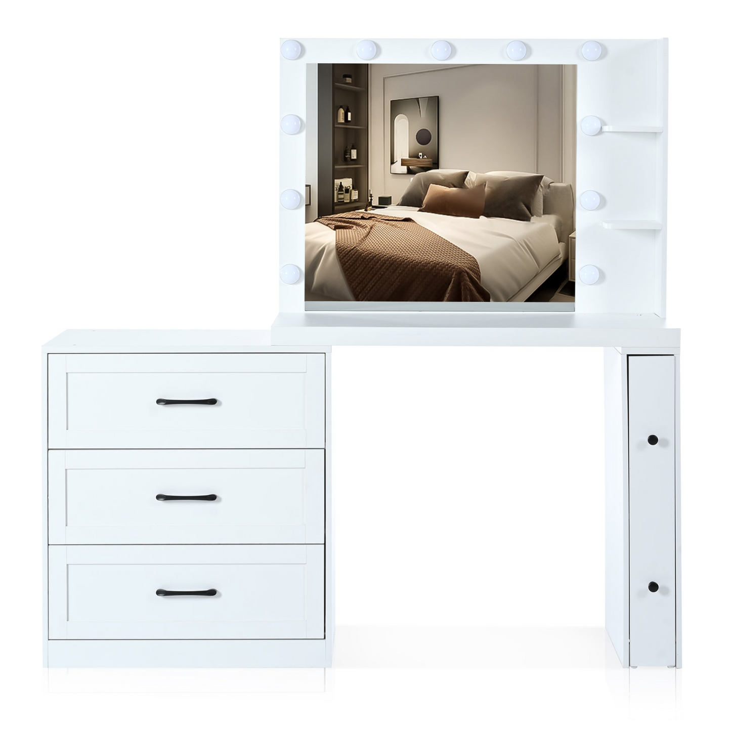 55.2" Vanity Desk with Freely Adjustable Side Cabinet, Makeup Vanity with Hollywood Lights, 5 Storage Drawers & 2-shelves, Modern Dressing Table, White