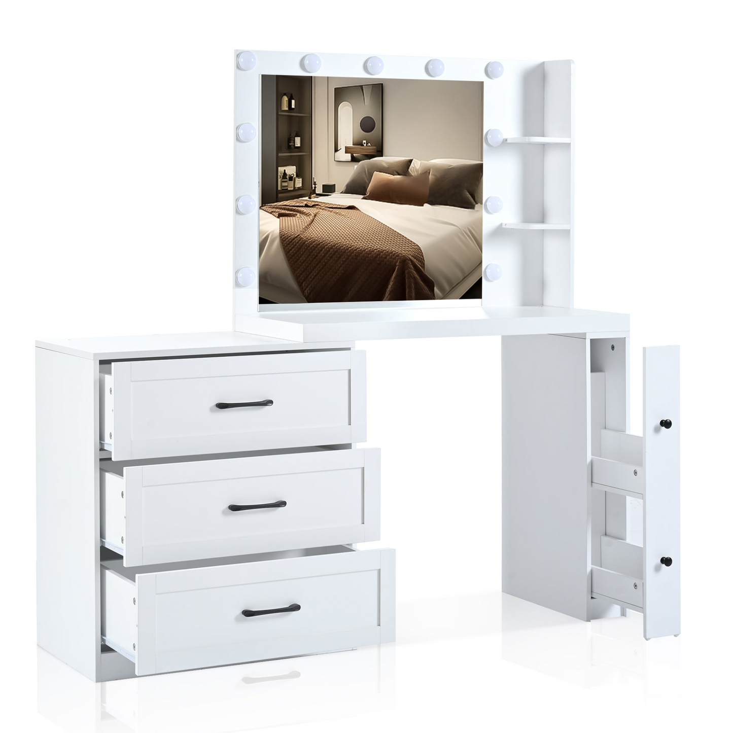 55.2" Vanity Desk with Freely Adjustable Side Cabinet, Makeup Vanity with Hollywood Lights, 5 Storage Drawers & 2-shelves, Modern Dressing Table, White