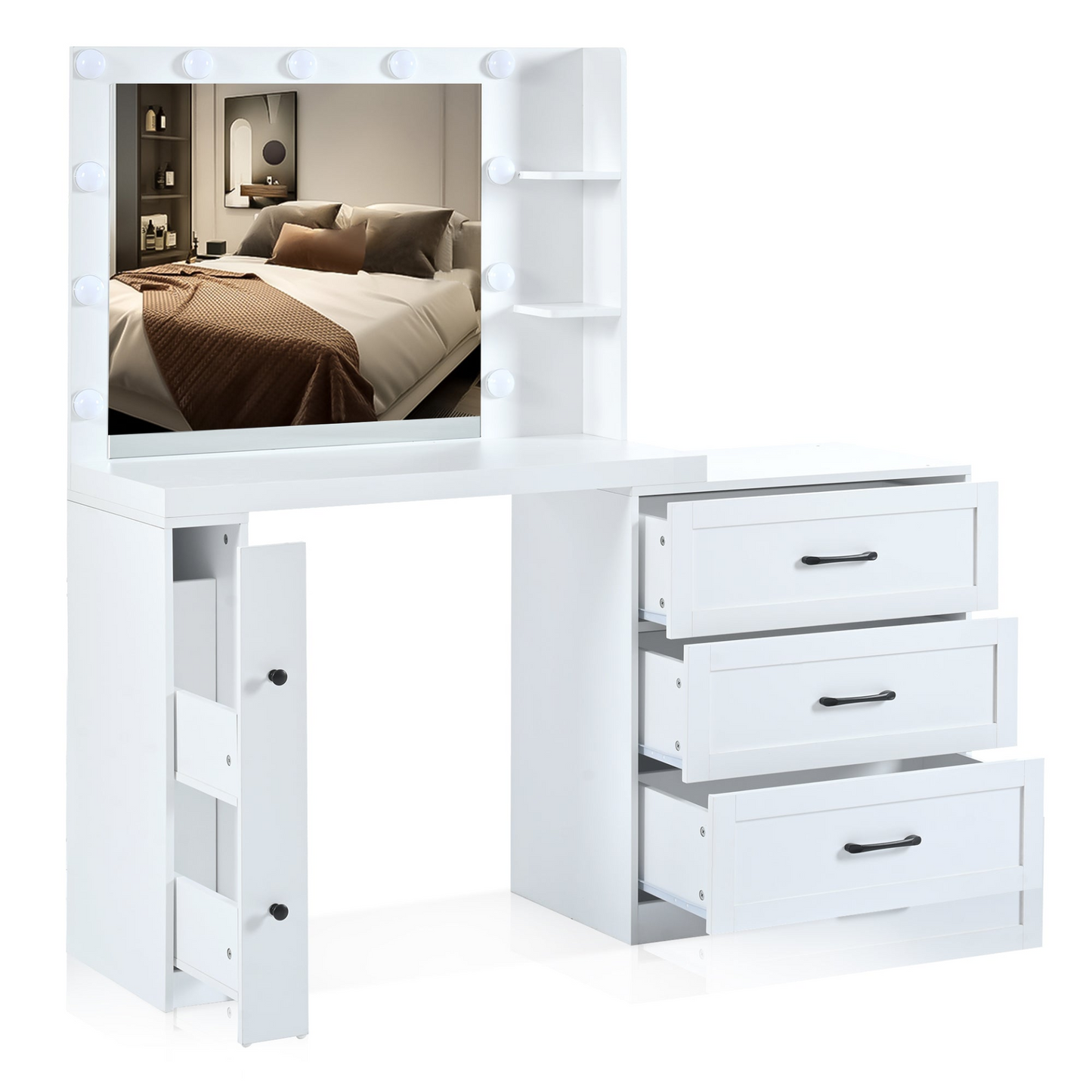 55.2" Vanity Desk with Freely Adjustable Side Cabinet, Makeup Vanity with Hollywood Lights, 5 Storage Drawers & 2-shelves, Modern Dressing Table, White