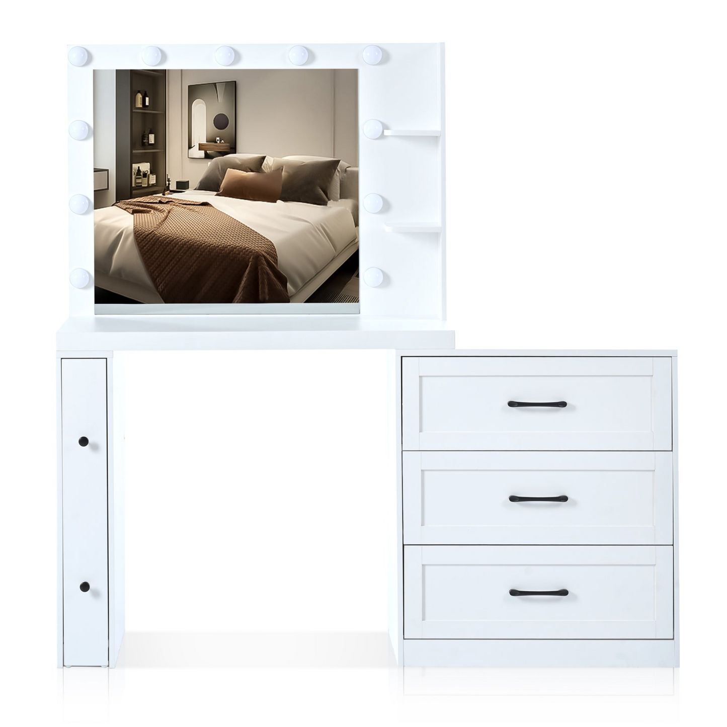 55.2" Vanity Desk with Freely Adjustable Side Cabinet, Makeup Vanity with Hollywood Lights, 5 Storage Drawers & 2-shelves, Modern Dressing Table, White