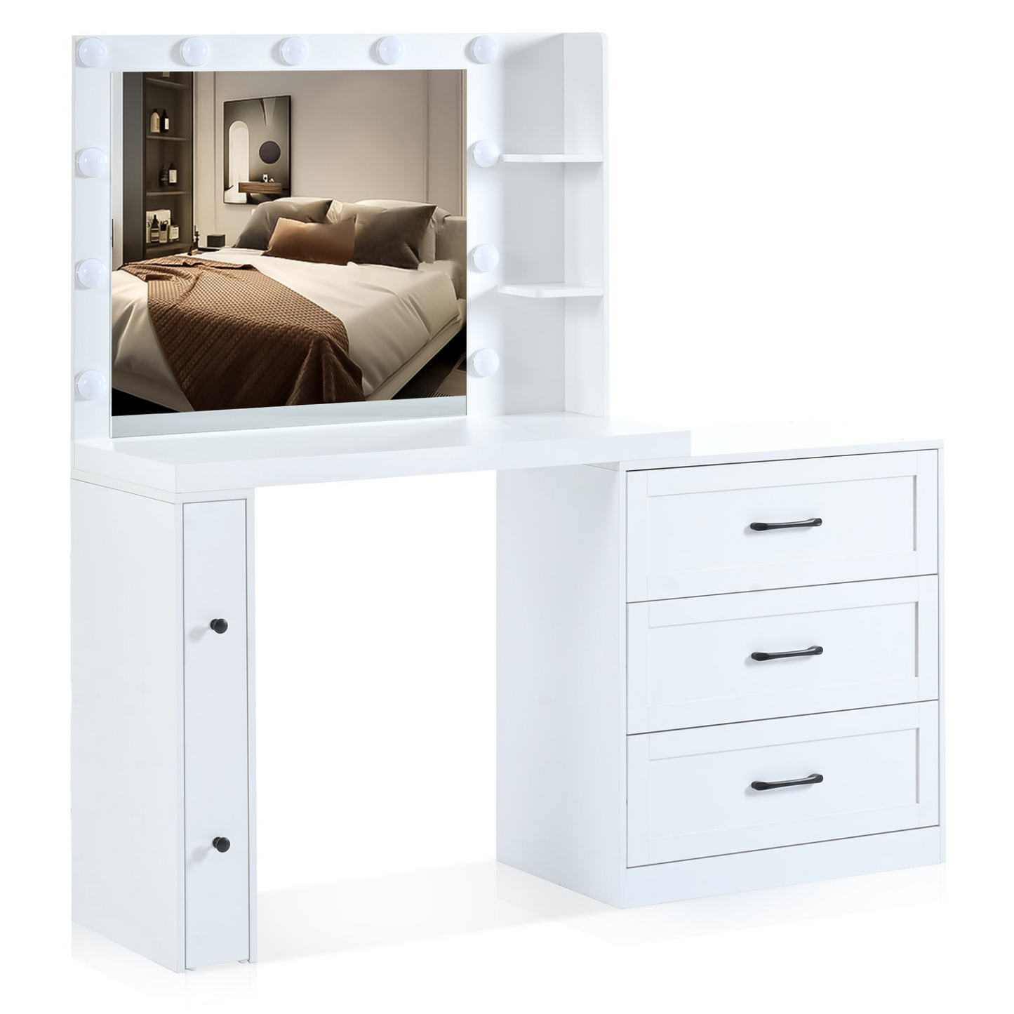 55.2" Vanity Desk with Freely Adjustable Side Cabinet, Makeup Vanity with Hollywood Lights, 5 Storage Drawers & 2-shelves, Modern Dressing Table, White