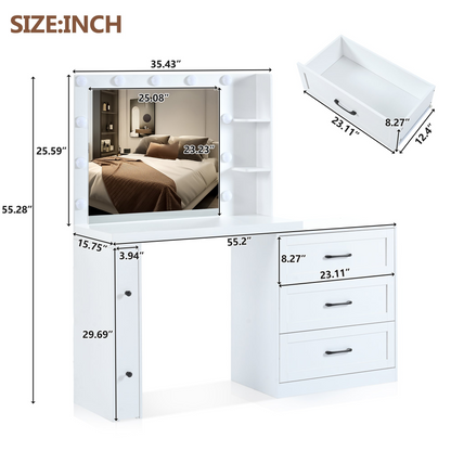 55.2" Vanity Desk with Freely Adjustable Side Cabinet, Makeup Vanity with Hollywood Lights, 5 Storage Drawers & 2-shelves, Modern Dressing Table, White