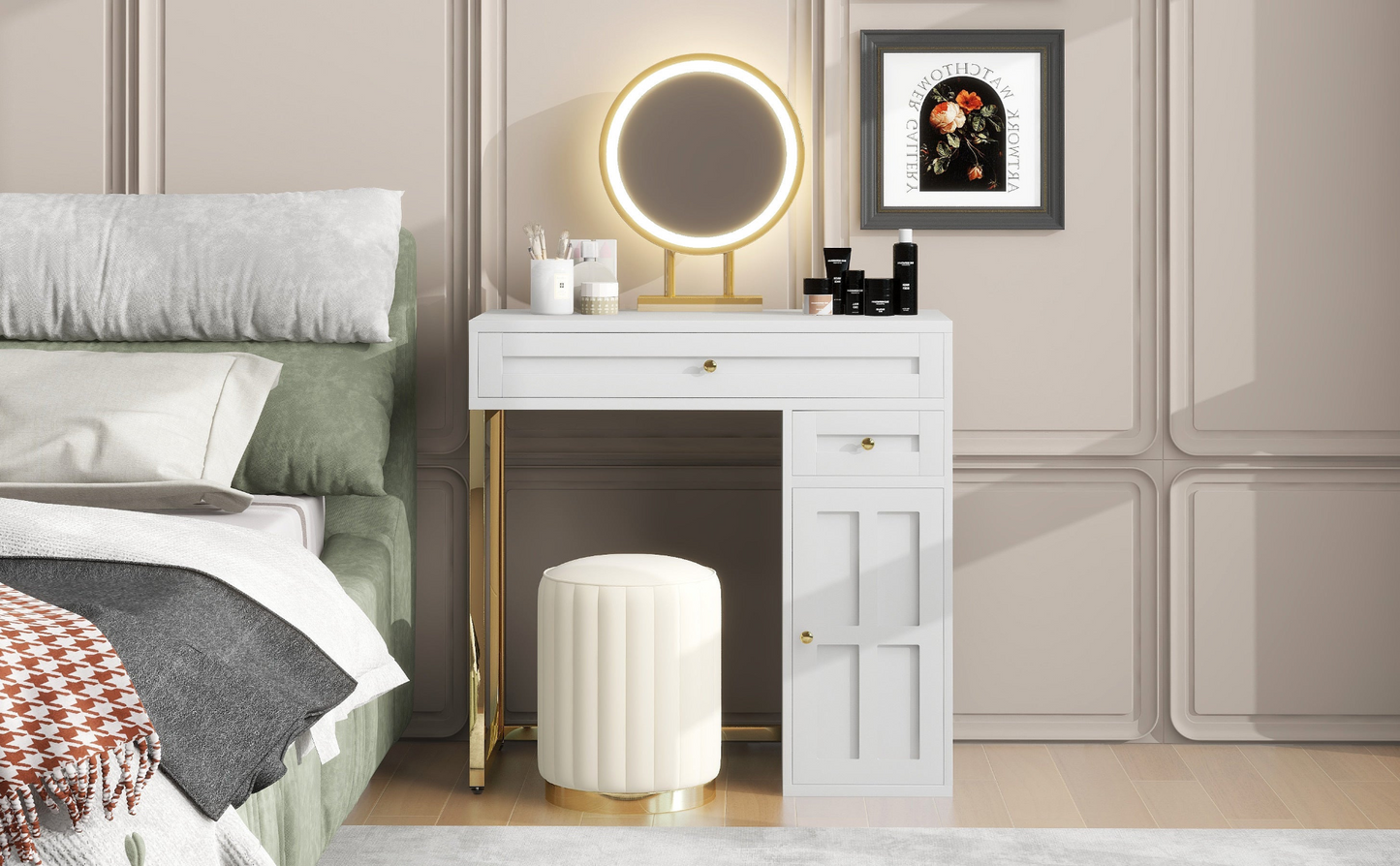 31.5'' Makeup Vanity Desk with Lighted Mirror, Luxury Dressing Table with 2 Drawers and 1 Cabinet, 3 Lighting Modes Available for Bedroom, White-Gold