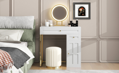 31.5'' Makeup Vanity Desk with Lighted Mirror, Luxury Dressing Table with 2 Drawers and 1 Cabinet, 3 Lighting Modes Available for Bedroom, White-Gold