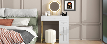 31.5'' Makeup Vanity Desk with Lighted Mirror, Luxury Dressing Table with 2 Drawers and 1 Cabinet, 3 Lighting Modes Available for Bedroom, White-Gold