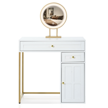 31.5'' Makeup Vanity Desk with Lighted Mirror, Luxury Dressing Table with 2 Drawers and 1 Cabinet, 3 Lighting Modes Available for Bedroom, White-Gold