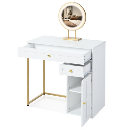 31.5'' Makeup Vanity Desk with Lighted Mirror, Luxury Dressing Table with 2 Drawers and 1 Cabinet, 3 Lighting Modes Available for Bedroom, White-Gold